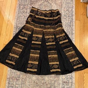 Boho Paneled Midi Skirt Brown Black Embroidered Beaded Coconut Button Belt L
